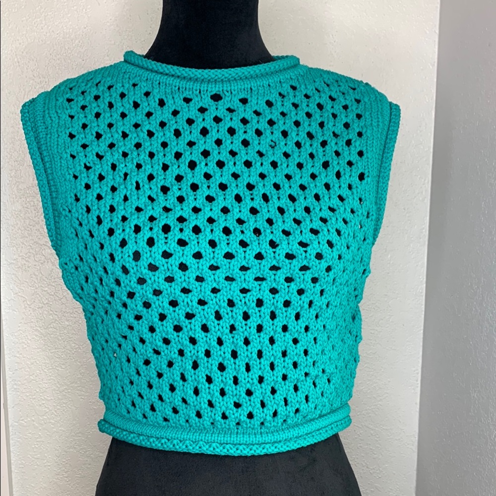 Zara Teal Blue Crochet knit stretch sweater vest  cropped size small